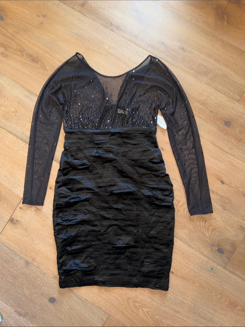 Calvin Klein Black Long-Sleeve Mesh Ruched Bodycon Dress mother of bride 8